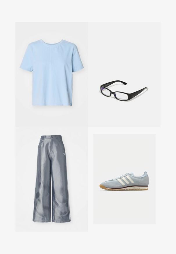 Light blue cotton t-shirt with short sleeves, round neckline, and a straight cut. Features a side slit for added style and comfort.; Wide-leg pants in shiny gray material, featuring white side stripes and a flame pattern on the lower legs. Button and zipper closure at the waist.; Light blue suede sneaker with white three stripes, rubber sole, and textured mesh. Features a smooth toe cap and branding on the heel.; Black rectangular glasses with clear lenses. Glossy finish, narrow arms, and purple tint visible at the edges of the lenses.