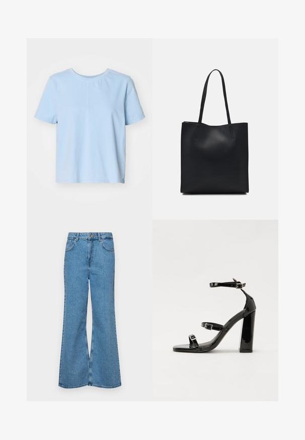 Lyseblå bomull T-skjorte med korte ermer, rund hals og rett snitt. Har en sidedel for ekstra stil og komfort.; Lyseblå vide jeans laget av denim, med høyt liv, fem lommer og en enkelt knappelukking. Myk tekstur med falmet finish.; Svart høyglans sandaler med hæl, firkantet tå, ankelremmer og sølvspenner. Har en kraftig blokkhæl for stabilitet.; Svart lær tote bag med glatt tekstur, rektangulær form og to lange håndtak. Ingen synlige deler eller dekorasjoner.