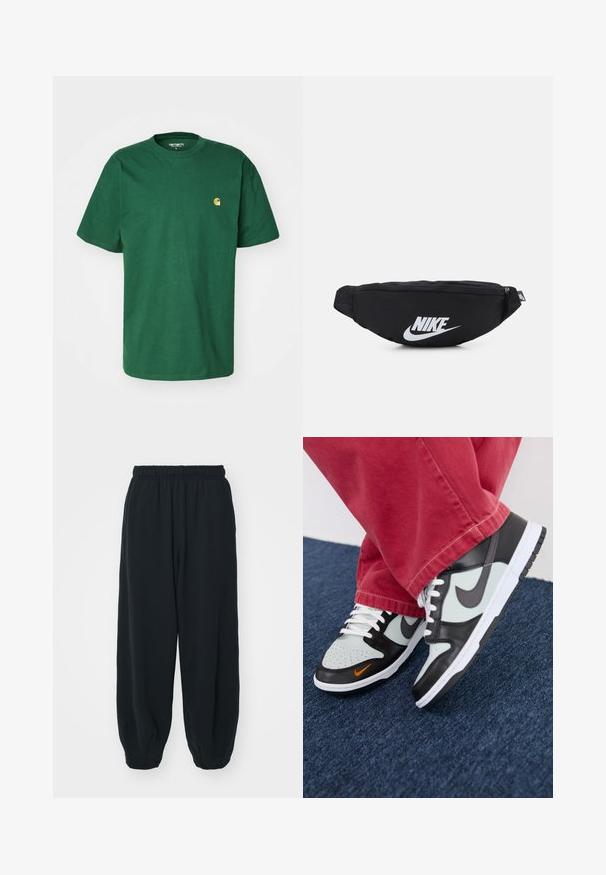 Carhartt WIP CHASE - Jednoduché tričko - sycamore tree/gold; Černé teplákové kalhoty s elastickým pasem, volným střihem, manžetami na kotnících, hladkým povrchem a bez viditelných vzorů či kovových detailů.; Nike Sportswear NIKE DUNK LOW UNISEX - Tenisky - black/med ash/light silver/bright mandarin/summit white/white; Černá nylonová ledvinka s uzávěrem na zip, s velkým bílým logem Nike. Hladký povrch a ergonomický design pro pohodlné nošení.