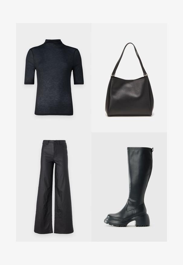 Abercrombie & Fitch Basic póló - black beauty; Fekete, bő szabású nadrág mesterséges bőrből. Jellemzője a magas derék, övhurkok, két elülső zseb és varrott részletek.; Magas fekete bőrcipő, vastag platform talppal és blokk sarokkal, húzófüllel és texturált profillal az outsole-on.; Fekete szintetikus bőr kézitáska puha tapintással, hobo forma, és dupla vállpánt; fényes felülettel és minimál stílussal rendelkezik.