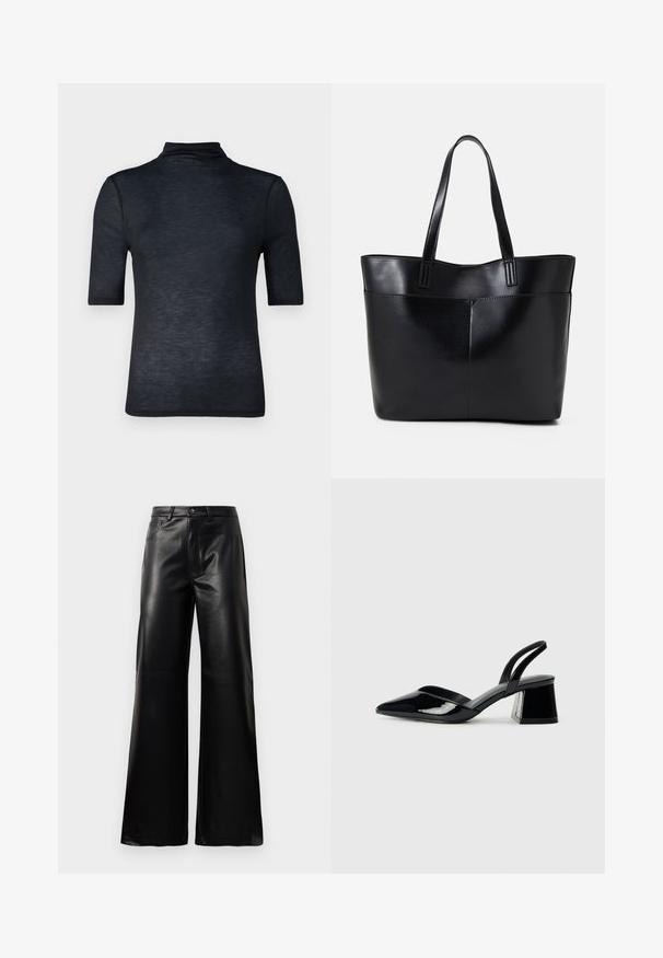 Abercrombie & Fitch Lihtne T-särk - black beauty; Mustad talje laiad jalad kunstnahast püksid esipaneeli nööbi ja lukuga, vöödega ja küljetaskutega valge tausta peal.; Mustad musta lakknahk kingad, millel on terav varvas ja geomeetriline plokkkonts. Omab elegantselt minimalistlikku disaini ja sujuvat tekstuuri.; Must mustaga musta nahast, millel on kaks pikka kanda, sile tekstuur ja struktureeritud kuju. Esipoolsel on lisakoti jaoks tasku.