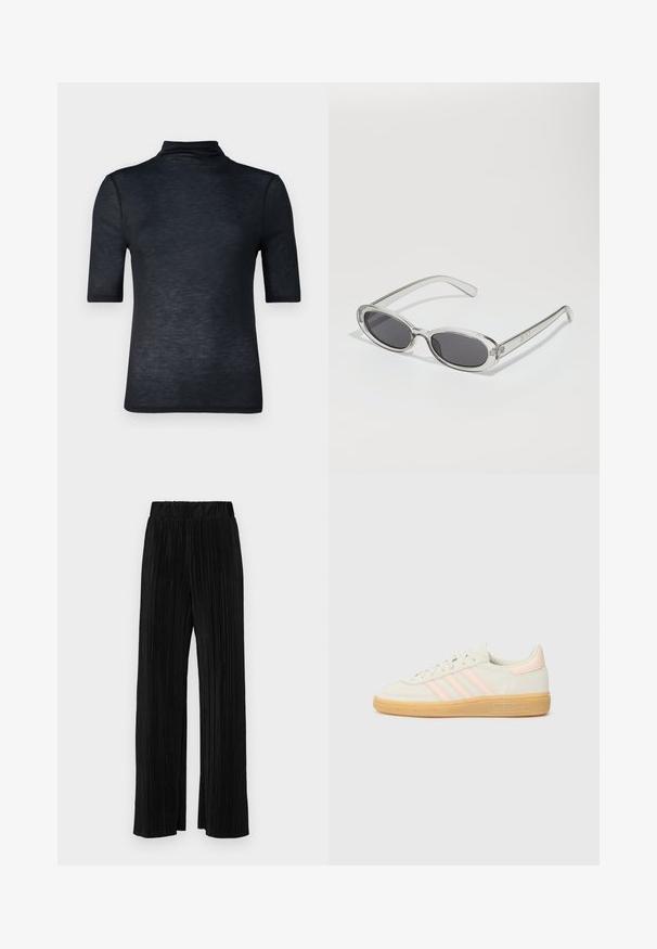 Abercrombie & Fitch Pamata T-krekls - black beauty; Melni plīšu bikses ar elastīgu jostu. Tām ir platākas kājas un gluda, teksturēta auduma ar vertikālām svītrām.; Ādas sporta kurpes ar krēmkrāsas augšdaļu, gaiši rozā trīs svītrām un gumijas zoli. Mežģīšu dizains ar izšūtām akcentēm un zīmolu.; Saulesbrilles ar ovālu formu, caurspīdīgu plastmasas rāmi, tumši pelēkiem stikliem un plāniem caurspīdīgiem kātiem, kas satur logotipa akcentus un minimālu noformējumu.