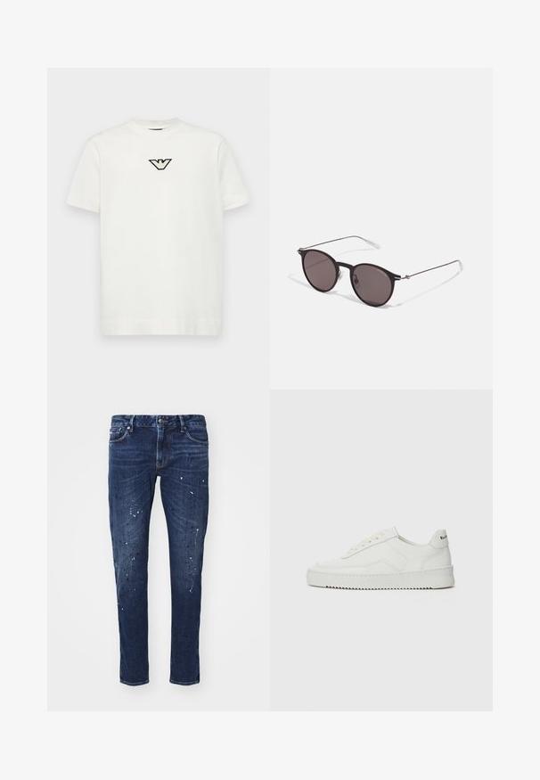 Emporio Armani Nyomott mintás póló - offwhite; Sötétkék, slim fit farmernadrág, festékcseppekkel, látható varrással és klasszikus öt zsebbel. Egyenes szárú fazon.; Fehér bőr sportcipő sima felülettel, kerek orral, lapos fűzőkkel és texturált talppal. Finom logó található a sarokon.; Fekete kerek napszemüveg sötét lencsékkel és karcsú fém szárakkal. Átlátszó szárvégeket és ezüst részleteket tartalmaz az ívnél. Minimalista dizájn.