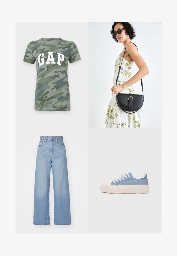 Green cotton t-shirt featuring a camouflage pattern, round neck, and "GAP" logo in large white letters across the chest.; Light blue high-waist wide-leg jeans with front button and zip closure, front and back pockets, on a white background.; Light blue canvas sneakers with a cream rubber toe cap and outsole, featuring white laces and a pull tab on the heel.; Black leather handbag with a curved shape, detachable strap, and gold hardware. The bag features a flap with a buckle detail.