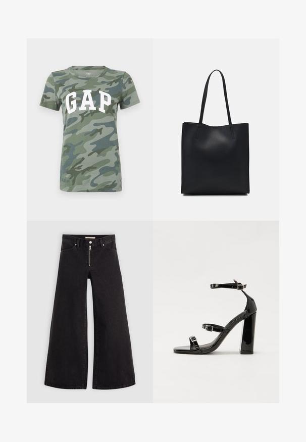 Zeleno bombažno majico z vzorcem kamuflaže, okroglo ovratnico in velikim belim napisom "GAP" čez prsa.; Široke traperice iz črnega denima z zadrgo spredaj, petimi žepi in diskretnimi šivi. Gladka tekstura in ležeren slog.; Črne lakirane sandale s peto, kvadratnim prstom, trakovi okrog gležnja in srebrnimi zaponkami. Opremljene so s stabilno Debelo peto.; Črna usnjena torba s svilnato teksturo, pravokotne oblike in dvema dolgima ročajema. Brez vidnih metalnih delov ali okrasnih elementov.