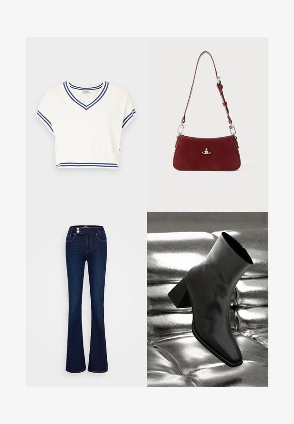 Valkoinen lyhytnenäinen neule, jossa on lyhyet hihat, V-pääntie ja siniset raidat pääntiellä ja helmoissa. Rakennekangas logokoristeluilla.; Tummansinisiä leveälahkeisia farkkuja, joissa on korkea vyötärö, kaksi etutaskua ja kaksi napinläpeä. Valmistettu sileästä denimsistä.; Musta nilkkuri, joka on valmistettu kiiltävästä materiaalista, jossa on neliömäinen kärki ja kapeahko kanta, asetettuna kiiltävän hopean tuftatun taustan eteen.; Punainen mokkakankainen olkalaukku, jolla on kaareva muoto. Varustettu hopeanvärisellä yksityiskohdalla ja säädettävällä hihnalla, jossa on metalliyksityiskohtia. Pinta on sileä.