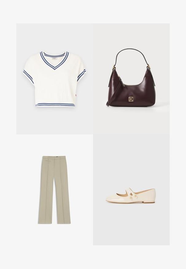 Weißer, kurz geschnittener Pullover mit kurzen Ärmeln, V-Ausschnitt und blauen Streifen am Kragen und Saum. Strukturiertes Gewebe mit Logodetail.; Beige maßgeschneiderte Hosen mit weitem Bein, vorderen Falten, zwei horizontalen Seitentaschen und einem glatten, leicht strukturierten Stoff.; Elfenbeinfarbene Lackleder-Ballettschuhe mit zwei dekorativen Riemen und goldenen Knöpfen, runder Zehenpartie und niedrigem Blockabsatz.; Burgunderfarbene Lederhandtasche mit geschwungener Form, goldenen Akzenten an den Beschlägen und einem Reißverschlussverschluss. Verfügt über einen abnehmbaren Schultergurt.