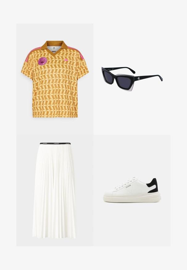 Zelts krekls ar atkārtotu banānu lapu rakstu, polo apkakli, rozā plecu svītrām un apļa logo, kas lasa "FARMERIO'S TROPICAL CLUB".; Gari plānas baltas svārku ar melnu elastīgu jostu, uz kuras redzams "LACOSTE" logo. Vidēja garuma dizains ar mīkstu tekstūru.; Baltas ādas sporta apavi ar biezu balto zoli, melna zamša uzpura un izspiestais logotips sānos. Šņorējuma dizains ar sešiem acu caurumiem.; Melni pārmēru saulesbrilles ar ģeometrisku formu, kas aprīkotas ar tumšiem stikliem un kontrastējošu pelēku akcentu uz rāmja. Logo uz kājas.