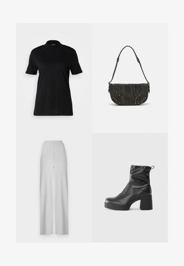 Juodas trumpas rankovės marškinėliai su aukštu kaklu, pagaminti iš lygios medvilnės audinio. Paprastas dizainas, be matomų raštų ar grafikų.; Šviesiai pilkos suknelės plačiakojės kelnės su aukšta juosmens juosta ir priekinę plyšį. Pagamintos iš švelnios medžiagos su lygiu tekstūru.; Juodos kulkšninių botai, pagaminti iš lygaus odos, su šoniniu užtrauktuku, masyviu tekstūruotu kulnu ir apvaliu pirštu.; Juodas zomšinės rankinės su išlenktu dizainu, su vinių akcentais ir tekstūruota paviršiumi. Reguliuojama petneša su viniukų detalėmis aplink kraštą.