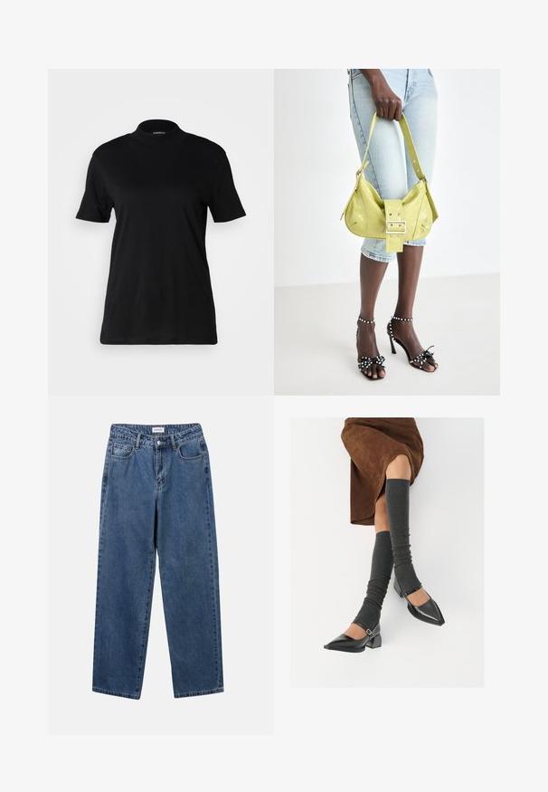 Camiseta negra de manga corta con un cuello alto, hecha de tela de algodón suave. Diseño simple sin patrones ni gráficos visibles.; Jeans de mezclilla azul clásico con un diseño de pierna recta, cinco bolsillos y cierre de botón. Presenta un lavado medio y una textura resistente.; Zapatos de charol negros con punta afilada, tacón bloque y tira de tobillo, combinados con calentadores de piernas de canalé grises y una falda de ante marrón.; Bolso amarillo perforado con detalle de hebilla y correa ajustable, combinado con pantalones cortos de mezclilla y sandalias negras de tacón alto con lazos.
