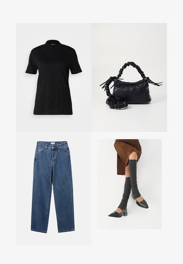 Black short-sleeve t-shirt with a high neckline, made of smooth cotton fabric. Simple design with no visible patterns or graphics.; Classic blue denim jeans with a straight-leg design, five pockets, and a button closure. Features a medium wash and sturdy texture.; Black patent leather pointed-toe shoes with a block heel and ankle strap, paired with gray ribbed leg warmers and a brown suede skirt.; Black faux leather handbag with a crocodile texture, cinched top, and a scrunched strap. Appears soft and compact in design.
