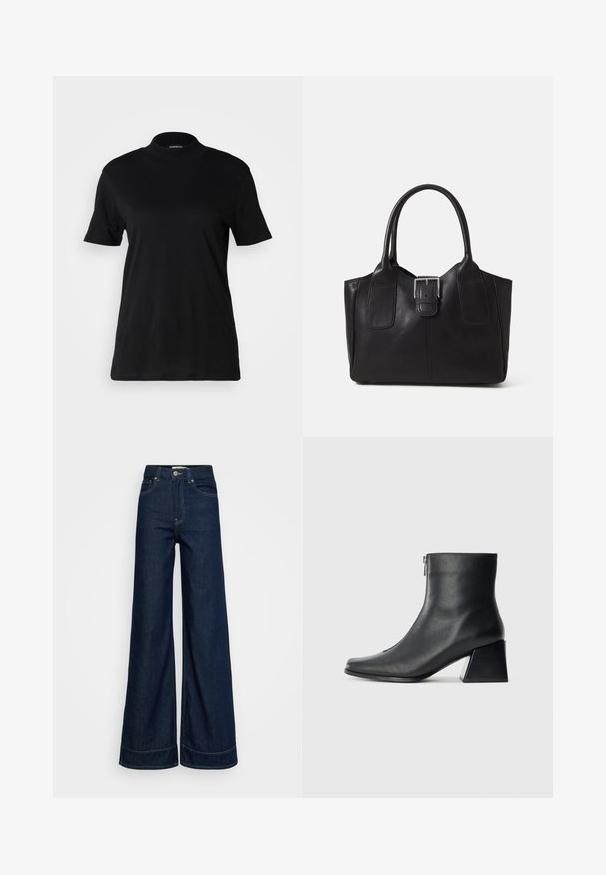 Melna īsām piedurknēm T-kreklā ar augstu kakla izgriezumu, izgatavots no gludas kokvilnas auduma. Vienkāršs dizains bez redzamām rakstām vai grafikas.; Tumši zili augstā jostasvietā platā kāju džinsi ar priekšējām kabatām, jostas cilpām, pogu aizdari un redzamu šuvju uz balta fona.; Melna ādas potītes zābaku ar kvadrātveida purngalu, sānu rāvējslēdzēju un bloku papēdi uz vienkārša gaismas fona.; Melnas ādas somiņa ar gludu tekstūru, strukturētu formu, divām rokturām un izteiktu sudraba sprādzi priekšpusē.