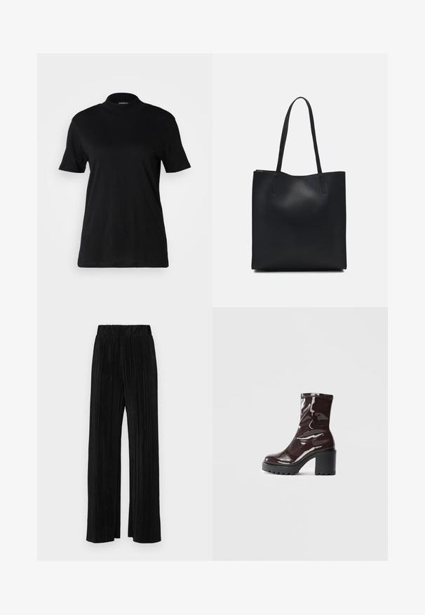 Svart t-skjorte med korte ermer og høy hals, laget av glatt bomullsstoff. Enkel design uten synlige mønstre eller grafikk.; Sorte plisserte bukser med elastisk midje. Har vide ben og et glatt, strukturert stoff med vertikale striper.; Glinsende burgunder ankelstøvel med en kraftig svart hæl, med en glatt tekstur og enkelt design. Ingen synlige lukkinger eller mønstre.; Svart lær tote bag med glatt tekstur, rektangulær form og to lange håndtak. Ingen synlige deler eller dekorasjoner.