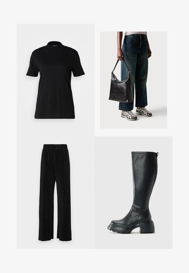 Svart kortärmad t-shirt med hög halsringning, tillverkad av mjukt bomullstyg. Enkel design utan synliga mönster eller grafik.; Svarta plisserade byxor med resårmidja. Har vida ben och ett mjukt, texturerat material med vertikala ränder.; Höga svarta läderstövlar med kraftig plattformssula och blockklack, med dragflik och strukturerat mönster på yttersulan.; Svart läderaxelväska med en slät yta och justerbar rem, i kombination med urtvättade vida jeans och sportiga sneakers.