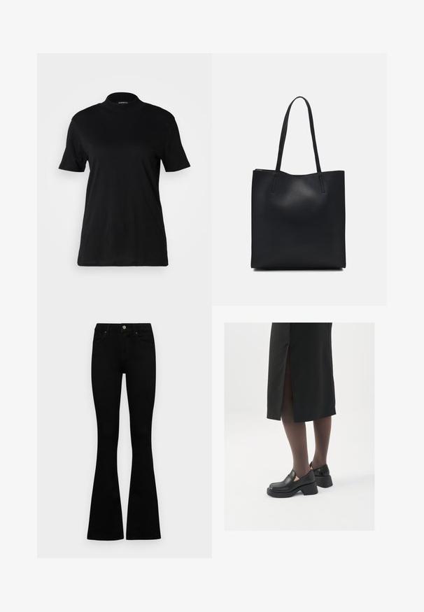 Black short-sleeve t-shirt with a high neckline, made of smooth cotton fabric. Simple design with no visible patterns or graphics.; Black high-waist jeans with a button and zip closure, front pockets, and flared legs laid flat on a white background.; Black leather shoes with a rounded toe, thick block heel, and elastic side accents, paired with dark tights and a black skirt with a slit.; Black leather tote bag with smooth texture, rectangular shape, and two long handles. No visible hardware or embellishments.