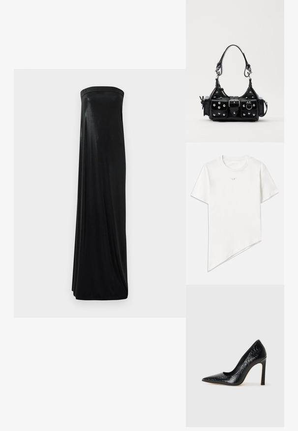 Fehér pamut póló. Kerek nyakkal, rövid ujjakkal és aszimmetrikus szegéllyel rendelkezik, amely átlós vágású. Kis logó a mellkason.; Fekete, pánt nélküli maxi ruha sima, fényes anyagból. Feszes felsőrésze és lebegő sziluettje van, a földig ér, díszítések nélkül.; Fekete hegyes orrú magassarkú cipő krokodilbőr textúrával, letisztult dizájnnal, magas tűsarkú és sima fekete belső résszel.; Fekete bőr kézitáska ívelt designnal, ezüst szegecsekkel, csattal és két oldalsó zsebbel. Állítható vállpánt a hordozási lehetőségekhez.