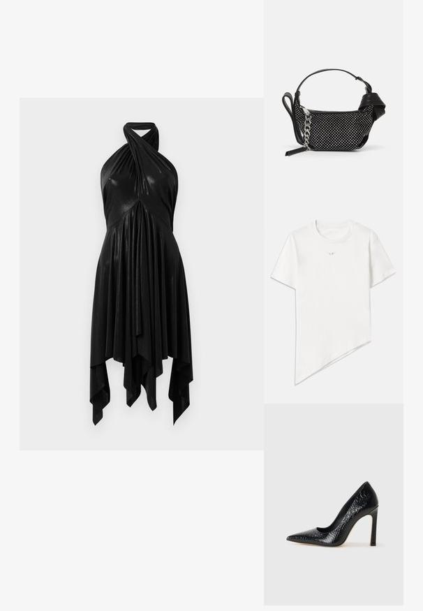 Bílý tričko vyrobené z bavlny. Disponuje kulatým výstřihem, krátkými rukávy a asymetrickým lemem s diagonálním střihem. Malé logo na prsou.; Černé halter šaty s draped designem. Vyrobené z lesklého materiálu, s propleteným výstřihem a asymetrickým lemem. Hladká textura.; Černý lodičkový bot s špičatou špičkou, pokrytý texturou krokodýlí kůže, s elegantním designem, vysokým stiletto podpatkem a hladkým černým interiérem.; Černá kabelka s texturovaným designem, zdobená stříbrnými hroty a masivním stříbrným řetízkem. Má elegantní, minimalistický tvar.