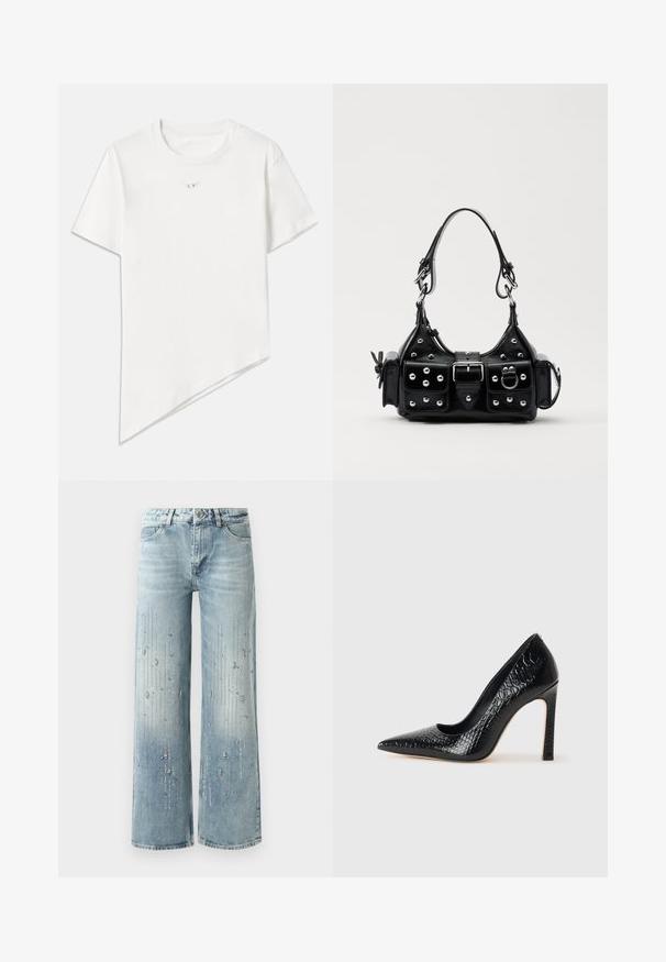 Hvid t-shirt lavet af bomuld. Har en rund halsudskæring, korte ærmer og en asymmetrisk kant med et diagonalt snit. Lille logo på brystet.; Lyseblå wide-leg jeans lavet af denim, med en gradient farveeffekt og pyntegenstande af sølv rhinsten i et vertikalt mønster.; Sorte spidse tå stiletto-sko i krokodilleskind med et strømlinet design, høj hæl og glat sort inderside.; Sort læderhåndtaske med et buet design, prydet med sølvfarvede nitter, en spænde og to sidelommer. Justerbar rem til forskellige bære muligheder.