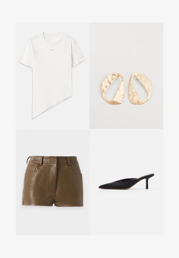 White T-shirt made of cotton. Features a rounded neckline, short sleeves, and an asymmetrical hemline with a diagonal cut. Small logo at chest.; Brown faux leather shorts with a fitted design, waistband with belt loops, front pockets, and visible stitching details.; Black pointed-toe mule with a sleek design, made of smooth fabric, featuring a slender heel and open back for easy wear.; Pair of irregular oval-shaped gold-toned metal earrings with a textured, slightly hammered surface on a white background.