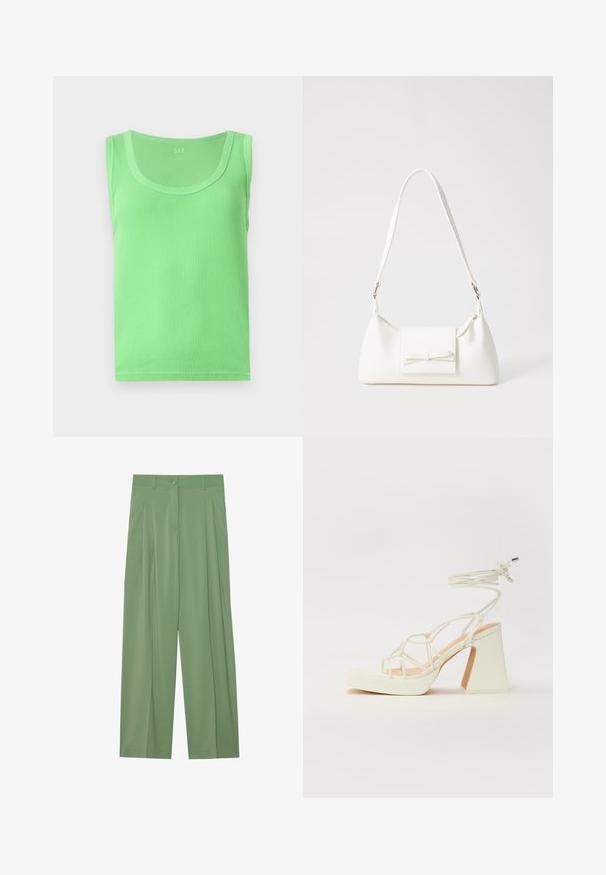 Ribotas žalias tank topas su apvaliu iškirpimu ir be rankovių dizainu, pagamintas iš minkštos, tamprios medžiagos. Pasižymi subtilia tekstūra visoje aprangoje.; Žali plačiai kirpti kelnių, pagamintų iš lygaus audinio. Priekyje yra klostės, viena mygtuko uždarymo sistema ir dirželių kilpos.; Balti aukštakulniai sandalai su masyviu kulnu, su dirželių dizainu ir kulkšnies raiščiu. Lygi tekstūra su platforma priekyje, suteikianti papildomą aukštį.; Balta sintetinė rankinė trikampio formos, plokščiu priekiu su užsegimu, kaspino detale, reguliuojama dirželiu, lygia tekstūra ir minimalistišku dizainu.