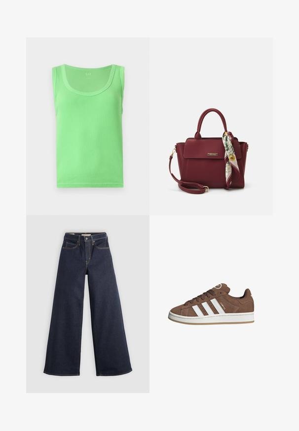 Top verde a costine con scollatura arrotondata e senza maniche, realizzato in materiale morbido e elasticizzato. Presenta una texture sottile su tutta la superficie.; Jeans in denim a gamba larga di colore blu scuro con cuciture a contrasto. Caratterizzati da un design tradizionale a cinque tasche e chiusura a bottone in vita.; Sneakers in suede marrone con strisce in pelle bianca, suola in gomma, punta rotonda e lacci. Presentano un logo sulla linguetta e dettagli perforati.; Borsa borgogna realizzata in materiale sintetico con un design strutturato, dotata di tracolla removibile e un foulard a motivi floreali legato al manico.