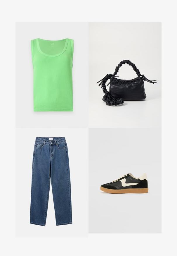 Rücskös zöld ujjatlan top, kerek nyakkivágással, puha és rugalmas anyagból készült. Finom textúrával rendelkezik.; Klasszikus kék farmernadrág egyenes szárú dizájnal, öt zsebbel és gombos zárással. Közepes mosású és strapabíró textúrával rendelkezik.; Fekete velúr és bőr sneaker, krém színű oldalsó swoosh-sal és világos krém színű sarokkal. Beigézett fűzőkkel és gumi talppal rendelkezik.; Fekete műbőr kézi táska krokodil bőr textúrával, összehúzható tetejű és gyűrt pánttal. Lágy és kompakt dizájnúnak tűnik.