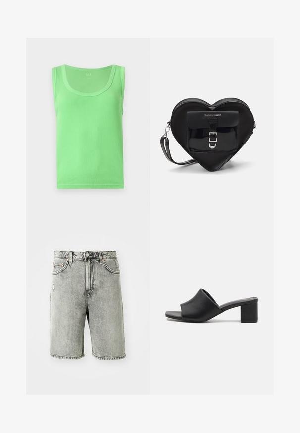 Ribbet grøn tank top med rund halsudskæring og ærmeløs design, lavet af blødt, strækbart materiale. Karakteriseret ved subtil tekstur hele vejen igennem.; Grå denim shorts med et klassisk fem-lomme design, en slidt finish og syet detaljering ved kanten og taljen.; Sorte læder mules med blokhæl og åben tå, med en glat overflade og let buet overdelsdesign for komfort og stil.; Sort hjertetask lavet af patentlæder med en frontlomme, der har en spænde-lukning og en aftagelig rem. Sølv hardware accenter.