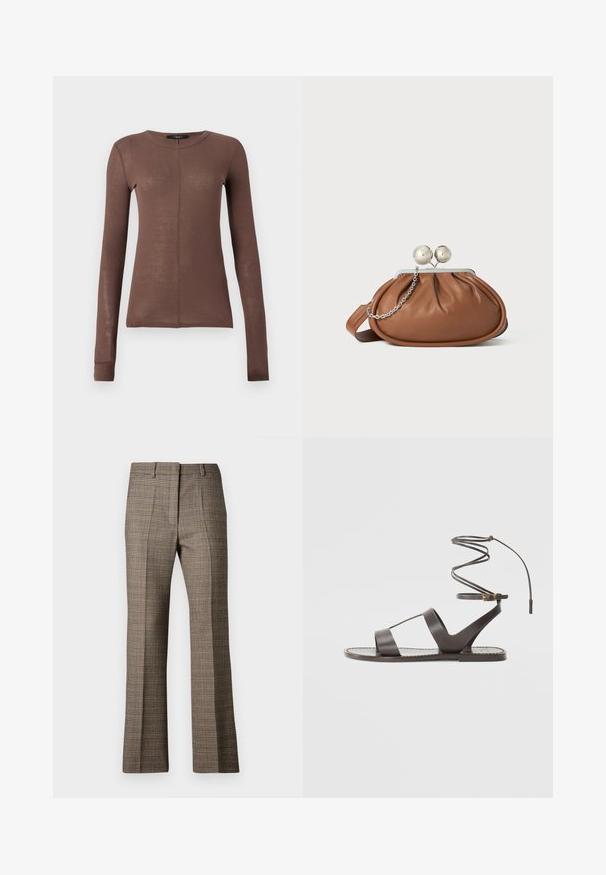 Smeđi dugi rukav majica od lagane, glatke tkanine. Ima okrugli izrez i suptilan detalj s prednje strane.; Smeđa karirana hlače s ravnim krojem, izrađene od teksturirane tkanine s suptilnim nijansama bež i tamnije smeđe boje u cijelom uzorku.; Smeđe kožne sandale s ravnim potplatom, minimalističkog dizajna, sa zakrivljenim remenom oko gležnja i višestrukim otvorima za prozračnost.; Smeđa kožna torbica s srebrnim kopčom u obliku kuglice i malim srebrnim lančićem na bijeloj pozadini.