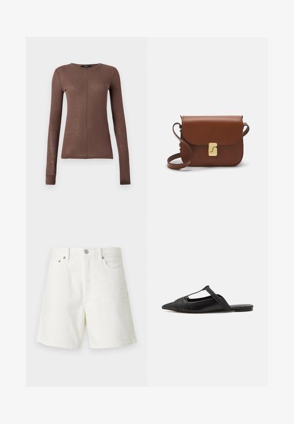 Brown long-sleeve top made of lightweight, smooth fabric. Features a round neckline and subtle front seam detail.; White denim shorts with a straight cut, five-pocket design, front button closure, silver hardware, and stitched detailing.; Black leather slingback shoe with a pointed toe, featuring a woven accent and pleated upper design. Flat sole with minimal hardware.; Brown leather handbag with a flap closure, gold-tone hardware, a shoulder strap, and a smooth texture. Compact rectangular shape.
