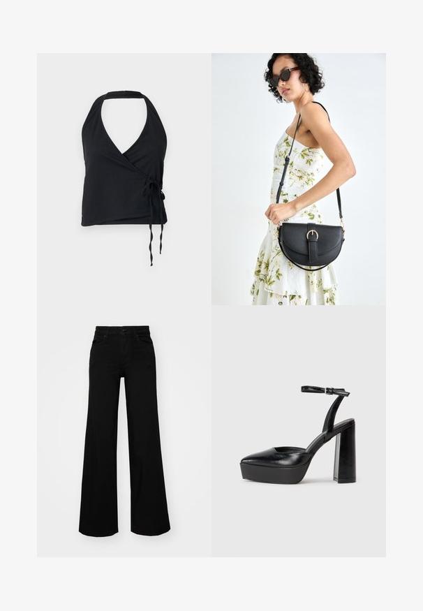 Čierny halter top s hlbokým výstrihom do V, vyrobený z textúrovanej látky, so nastaviteľným viazaním na páse.; Čierne široké nohavice z denimu s pevným pásom, pútkami na opasok a prednými vreckami. Hladká štruktúra s klasickým dizajnom.; Čierne platformové podpätky so špicatou špičkou a nastaviteľným členkovým remienkom. Vyrobené z hladkej kože a so robustným blokovým podpätkom.; Čierna kožená kabelka s zaobleným tvarom, odnímateľným popruhom a zlatými doplnkami. Kabelka má klopu s detailom s prackou.