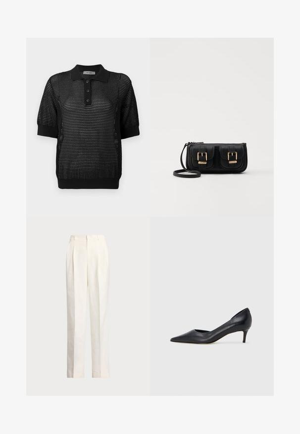 Juodas trumpos rankovės polo marškinėliai su tekstūruotu tinkliniu dizainu, trys mygtukai ant apykaklės ir elastingi kraštai ant rankovių bei apatinės dalies.; Polo Ralph Lauren HEMP WIDE LEG PANT - Kelnės - nevis; Juodi odiniai aukštakulniai su smailiu priekeliu ir žemu kulnu. Turi lygią tekstūrą ir subtilų blizgesį. Priekyje yra atvira anga, suteikianti papildomo detalių.; Juodas odinis per petį nešiojamas krepšys su dviem priekiniais kišenėmis, auksiniais sagtimis, užtrauktuko uždarymu ir siauromis petnešomis. Textūruota paviršius ir kompaktiškas stačiakampis formatas.