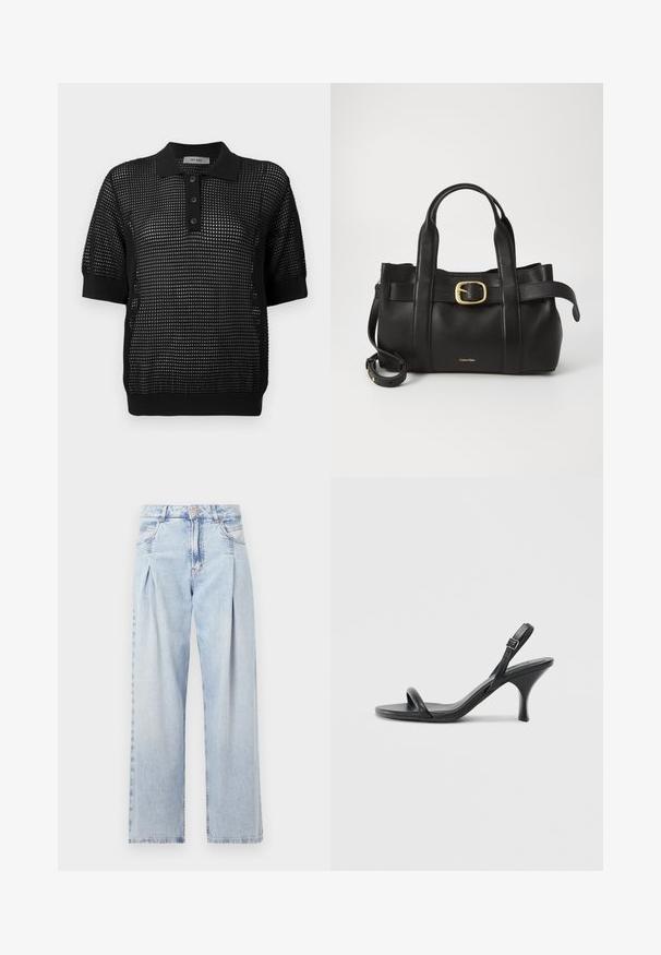 Juodas trumpos rankovės polo marškinėliai su tekstūruotu tinkliniu dizainu, trys mygtukai ant apykaklės ir elastingi kraštai ant rankovių bei apatinės dalies.; Šviesiai mėlyni džinsai su aukštu liemeniu, plačiomis kojomis, dviem šoninėmis kišenėmis ir raukinių dizainu. Minkšta tekstūra su nudilusia apdaila.; Juodos odinės aukštakulnės šlepetės su plonu, kreiviu kulnu ir kryžminiu dirželio dizainu. Reguliuojamas kulkšnies dirželis. Lygus paviršius.; Juodas odinis rankinės maišas su struktūrizuotu dizainu, dviem viršutinėmis rankenomis, auksinės spalvos sagtimi ir iškilniu prekės ženklu priekyje.