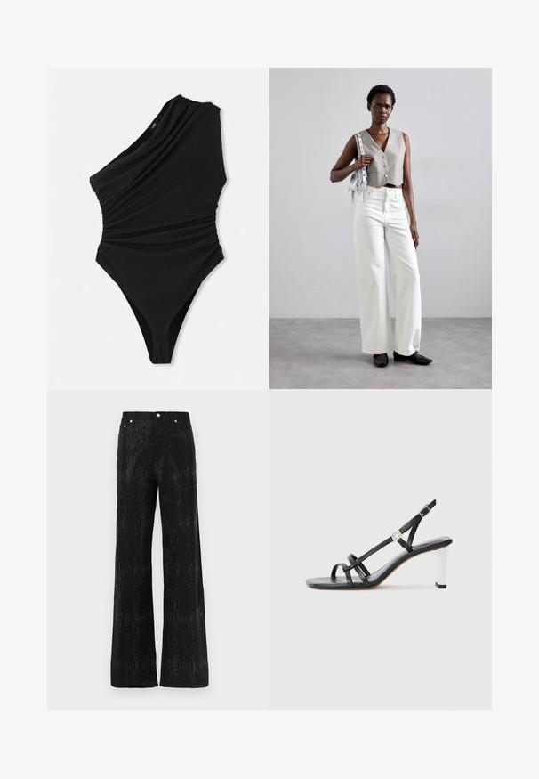 Zwart een-schouder zwempak met gedrapeerde textuur, hoge uitsnijding en geplooide zijdetails. Gemaakt van glad, rekbaar materiaal.; Zwarte doorschijnende blouse met lange mouwen, voorzien van een kanten overlay en paillettenaccenten, afgewerkt met een strikje op de nek en een cropped ontwerp.; Zwarte wijde broek met een gestructureerd oppervlak, voorzien van een glinsterend patroon. Afgewerkt met een standaard tailleband en metalen knoopdetails.; Zwarte hakken sandalen met meerdere smalle banden, een slingback ontwerp en een zilveren accent op de hak. Glad bovenmateriaal en vierkante hak.; Grijs gecropped vest met knopen, gecombineerd met witte wijde jeans en zwarte platte schoenen. Geaccentueerd met een kleine zilveren franjen tas.