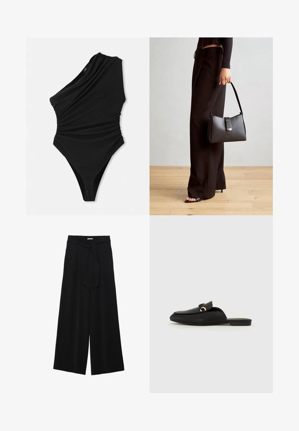 Jednoczęściowy czarny kostium kąpielowy na jedno ramię z drapowanym wykończeniem, wysokim krojem nogawki i marszczonymi detalami po bokach. Wykonany z gładkiego, elastycznego materiału.; Czarne spodnie szerokie z teksturowanej tkaniny, z elastycznym paskiem w talii i odpinanym paskiem w talii dla regulowanego dopasowania.; Czarne buty wsuwane wykonane z gładkiej skóry. Posiadają zaokrąglony nosek, dekoracyjny pleciony pasek oraz mały złoty akcent. Płaska podeszwa.; Czarna torebka o usztywnionym kształcie, gładkiej fakturze i metalowym zapięciem. Połączona z szerokimi czarnymi spodniami i sandałami na otwartym palcu na drewnianej podłodze.