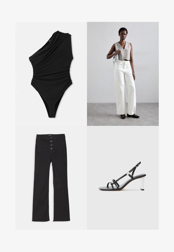 Enaxelad svart baddräkt med draperad textur, högskuren ben och samlad detalj på sidan. Tillverkad av ett mjukt, stretchigt material.; Svarta denimjeans med utsvängd byxben, hög midja, femfickorsdesign och knappstängning framtill med fyra metalldon.; Svarta klacksandaler med flera smala remmar, slingbackdesign och en silveraccent på klacken. Slät ovandel av material och fyrkantig klack.; Grå kortärmad väst med knappar, kombinerad med vita vida jeans och svarta platta skor. Accessoarer med en liten silverfärgad fransväska.