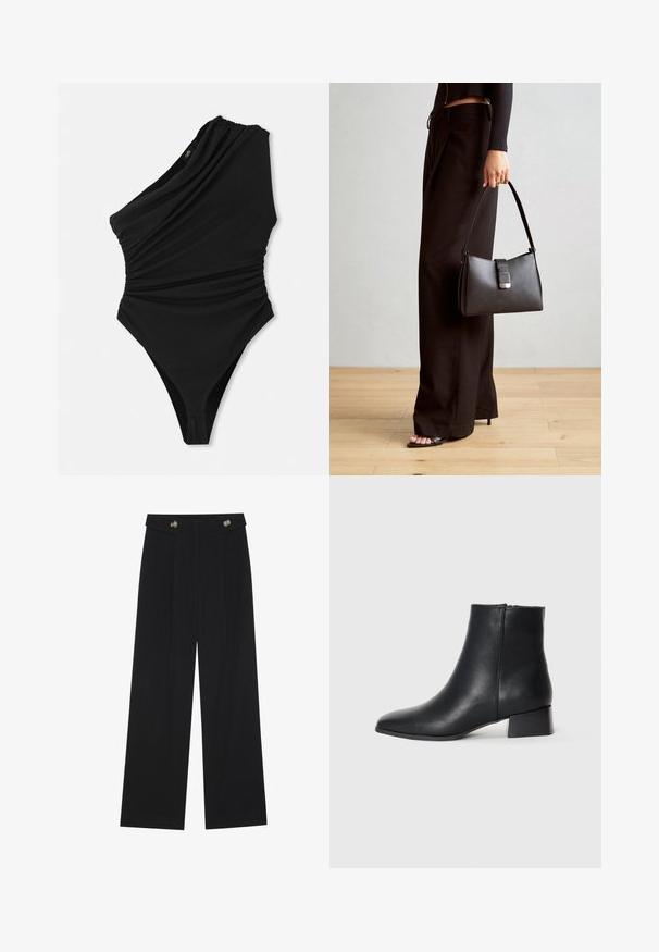 Jednoczęściowy czarny kostium kąpielowy na jedno ramię z drapowanym wykończeniem, wysokim krojem nogawki i marszczonymi detalami po bokach. Wykonany z gładkiego, elastycznego materiału.; Czarne szerokie spodnie z wysokim stanem, z detalami w postaci guzików na pasku oraz plisami z przodu.; Czarne skórzane botki za kostkę z ostrym czubkiem i niskim słupkowym obcasem, charakteryzujące się gładką teksturą i minimalistycznym designem.; Czarna torebka o usztywnionym kształcie, gładkiej fakturze i metalowym zapięciem. Połączona z szerokimi czarnymi spodniami i sandałami na otwartym palcu na drewnianej podłodze.