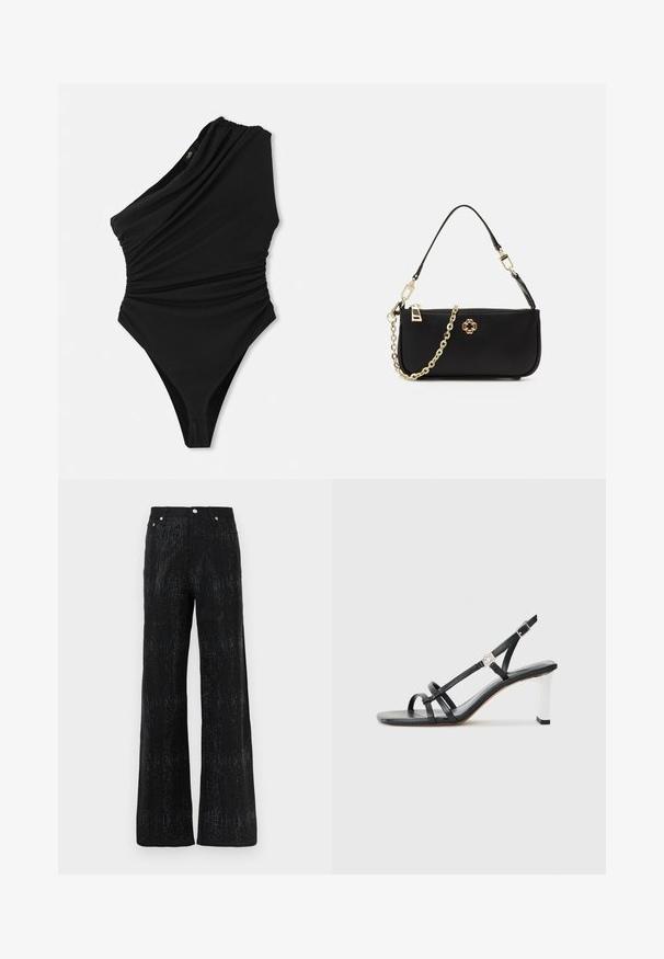 Juodos maudymosi kostiumėlis vienu petimi su drapiruota tekstūra, aukštu iškirpimu ir susiraukšlėtomis šoninėmis detalėmis. Pagamintas iš lygaus, tamprios medžiagos.; Juodos plačios kelnės su tekstūruota danga, turinčios blizgantį raštą. Užbaigtos standartiniu juosmeniu ir metaliniais mygtukais.; Juodi suknelės sandalai su keliais siaurais dirželiais, slingback dizainas ir sidabro akcentu ant kulno. Lygus viršutinis medžiagos paviršius ir kvadratinis kulnas.; Juoda rankinė su lygiu paviršiumi, turinti auksinį grandinėlės diržą, užtrauktuko uždarymą ir dekoratyvinį auksinį emblemos ženklą priekyje.
