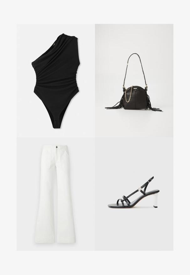 Črni kopalni kostim z enim rami in drapirano teksturo, visokim izrezom na nogah in nabranimi detajli na boku. Narejen iz gladkega, elastičnega materiala.; Bela zvonasta hlače iz tkanine, z pletenim pasom, dvema sprednjima žepoma in gladko teksturo. Zapenjajo se z črnim gumbom.; Črne sandale s peto z več ozkimi trakovi, dizajn slingback in srebrnim poudarkom na peti. Gladek zgornji material in kvadratna peta.; Črna usnjena torbica za ramena z zaobljeno obliko, ki vsebuje frufru detajle, dolgo naramnico in zlato verižico.