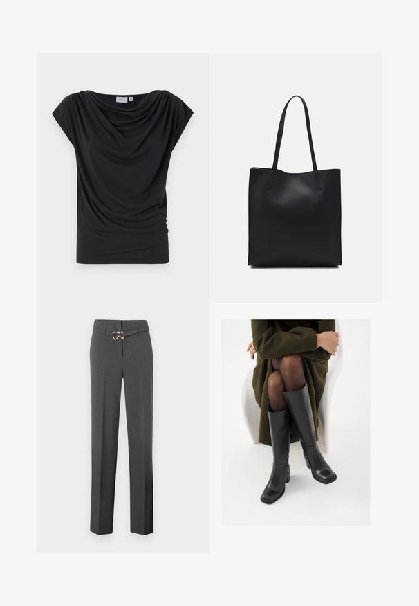Svart drapert t-skjorte laget av myk stoff, med bred utringning og korte ermer. Glatt tekstur med rynkede detaljer foran.; Dype grå skreddersydde bukser for kvinner med rette ben og et tynt matchende belte med en gulltone spenne.; Knæhøye sorte lærstøvler med firkantet tå og blokkhelt, vist med en modell som sitter iført en olivengrønn kåpe. Glatt tekstur, minimal detaljering.; Svart lær tote bag med glatt tekstur, rektangulær form og to lange håndtak. Ingen synlige deler eller dekorasjoner.