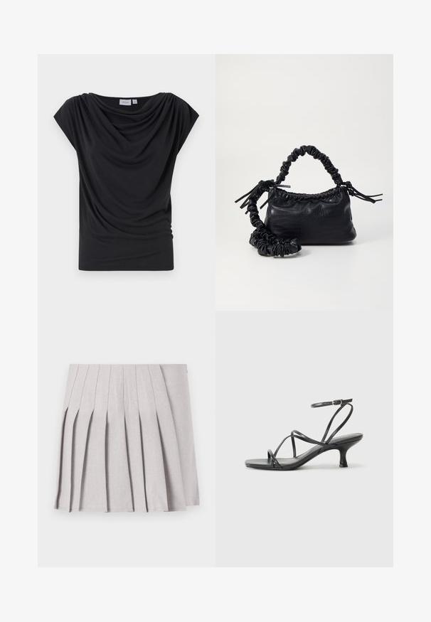 T-shirt preta com drapeado, feita de tecido macio, apresentando um decote largo e mangas curtas estilo capa. Textura suave com detalhes franzidos na parte da frente.; Saia cinza plissada com uma textura suave, apresentando múltiplos pregas verticais e uma cintura ajustada. Feita de tecido leve.; Sandálias pretas de salto alto com tiras finas, design aberto na ponta e um pequeno salto largo. O material parece suave e brilhante.; Bolsa de mão em couro sintético preto com textura de crocodilo, topo franzido e alça enrugada. Apresenta um design suave e compacto.