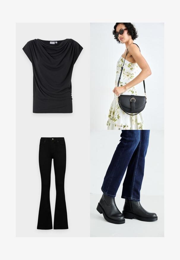 T-shirt preta com drapeado, feita de tecido macio, apresentando um decote largo e mangas curtas estilo capa. Textura suave com detalhes franzidos na parte da frente.; Jeans pretos de cintura alta com fecho de botão e zíper, bolsos frontais e pernas largas dispostos em cima de um fundo branco.; Botas de tornozelo de couro preto com sola grossa e painéis elásticos laterais, combinadas com jeans azul escuro. O chão é de cor clara.; Bolsa de couro preta com forma curva, alça destacável e detalhes em dourado. A bolsa possui uma aba com detalhe de fivela.