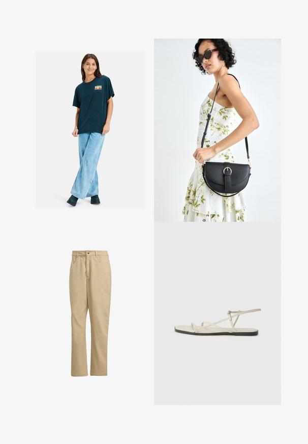 Navyblaues, übergroßes T-Shirt mit kurzen Ärmeln, das einen bunten Grafikdruck auf der Brust zeigt. Kombiniert mit hellblauen weit geschnittenen Jeans und schwarzen Stiefeln.; Khakifarbene Baumwollhosen mit geradem Schnitt, ausgestattet mit einem vorderen Knopfverschluss, zwei Seitentaschen und minimaler Markenkennzeichnung auf der Vorderseite.; Beige flache Sandale mit mehreren schlanken Riemen und einer verstellbaren Schnalle. Die Sohle ist flach und hat einen leichten dunklen Kontrast am Rand.; Schwarze Lederhandtasche mit geschwungener Form, abnehmbarem Tragegurt und goldenen Beschlägen. Die Tasche verfügt über einen Deckel mit einer Schnallen-Details.; Silberner Doppelring mit einer glatten, polierten Oberfläche. Verfügt über ein fließendes, kurviges Design mit überlappenden Abschnitten für einen modernen Look.