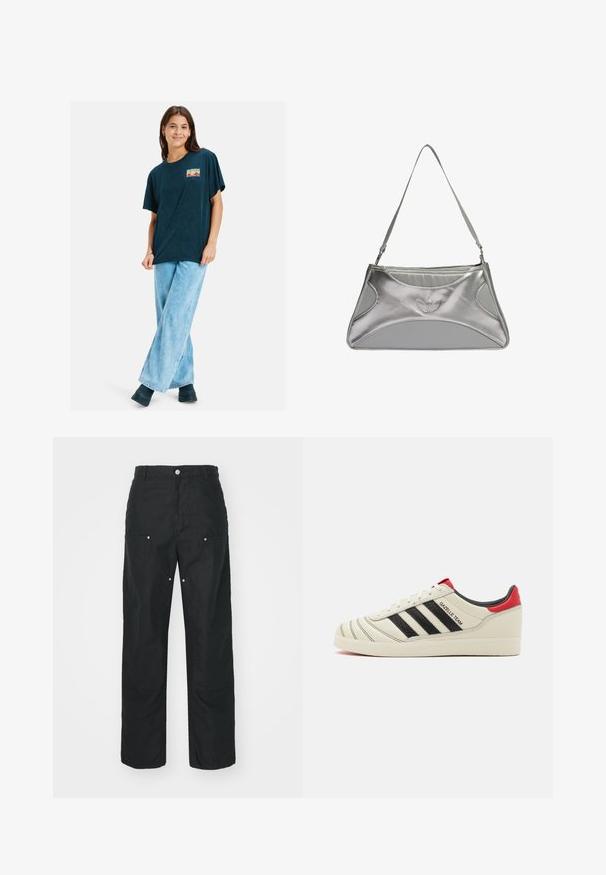 Tengerészkék, oversized póló rövid ujjakkal, színes grafikai nyomattal a mellrészen. Világoskék, bőszárú farmernadrággal és fekete csizmával viselve.; Fekete nadrág, egyenes lábbal, textúrált anyagból készült. Dekoratív ezüst hardware-rel és egyedi varrási részletekkel rendelkezik.; Krém színű bőr sportcipők fekete csíkokkal, piros sarokdíszítéssel és texturált részletekkel. Gumi talppal és fűzős záródással rendelkezik.; Ezüst fémes válltáska sima, struktúrált dizájnnal, texturált felülettel, vállpánttal és domborított logóval.; Ezüst fém fülbevalók hullámos, szobrászati kialakítással, fényes felülettel és szabálytalan formákkal, amelyek a kortárs esztétikát hangsúlyozzák.