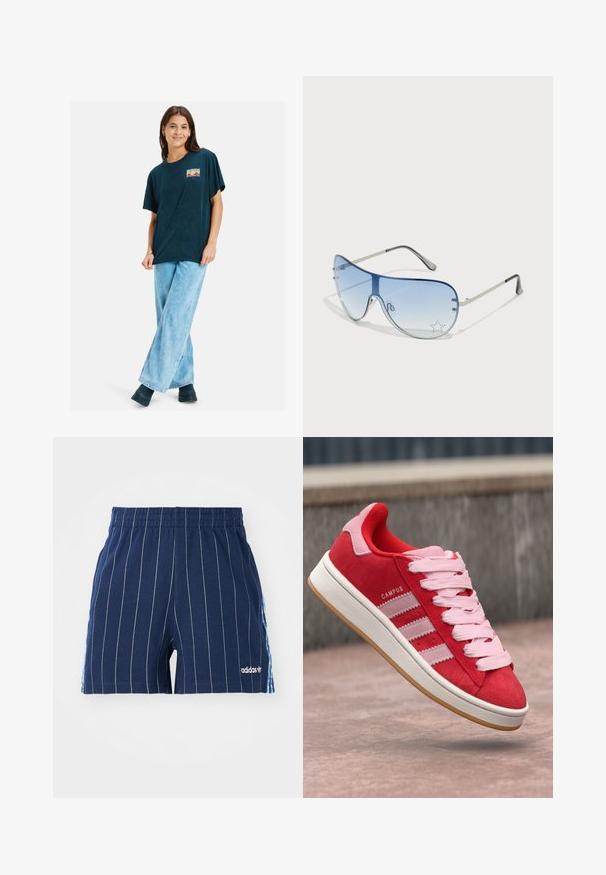 Námorně modré oversized tričko s krátkým rukávem, se barevným grafickým potiskem na hrudi. Noste ho s světle modrými širokými džínami a černými kotníkovými botami.; Námořnické modré šortky s bílými proužky, elastickým pasem a logem Adidas. Mají modré akcenty po stranách a jsou vyrobeny ze směsi bavlny.; Červené semišové tenisky s růžovými akcenty, se třemi bílými pruhy a světle růžovými tkaničkami. Bílé mezipodešve a podešev z gumy.; Pilotské sluneční brýle s modrými gradientními skly, stříbrným kovovým rámem a dekorativními hvězdnými akcenty na sklech. Hladký a elegantní design.