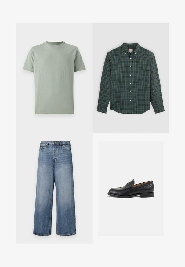 GAP EVERYDAY SOFT CREW SOLID - Basic póló - gasoline green; Hosszú ujjú gombos ing zöld, kék és sárga kockás mintával, fehér gombokkal és gombos gallérral.; Széles lábú kék farmernadrág, elhalványodott mosással, öt zsebbel és gombos zárással. Övhurkokkal és steppelt részletekkel ellátva.; Fekete bőr loaferek sima felülettel, lekerekített orral és díszítő varrással a lábfejen. Alacsony, réteges sarkú és enyhe fényű.