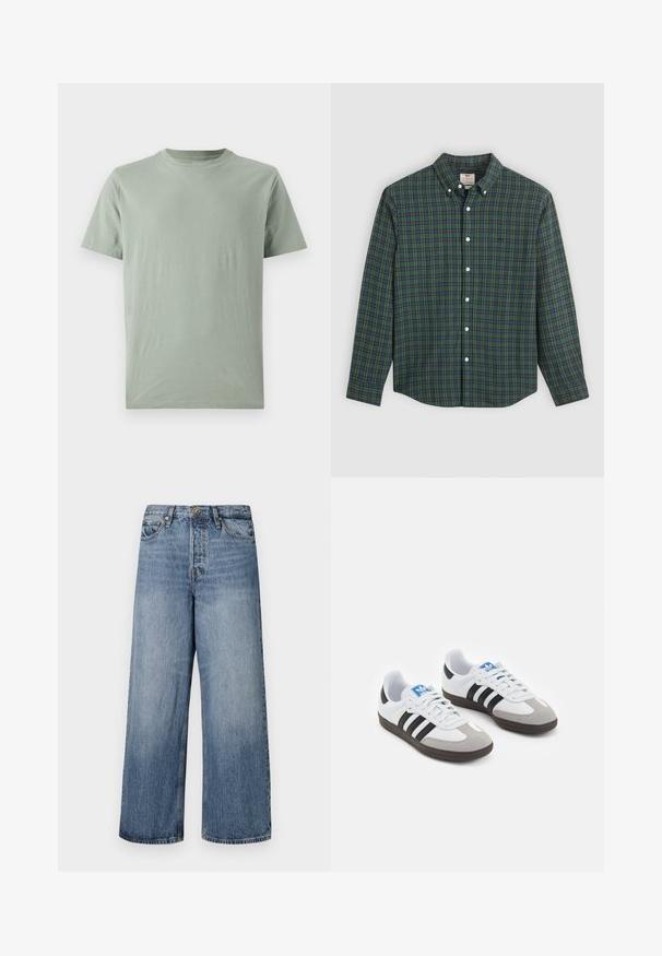 GAP EVERYDAY SOFT CREW SOLID - Basic póló - gasoline green; Hosszú ujjú gombos ing zöld, kék és sárga kockás mintával, fehér gombokkal és gombos gallérral.; Széles lábú kék farmernadrág, elhalványodott mosással, öt zsebbel és gombos zárással. Övhurkokkal és steppelt részletekkel ellátva.; Fehér bőr felsőrészes sportcipő, szürke velúrból készült orral és három fekete csíkkal. Jellemzője a kék logó a nyelvén és egy texturált gumitalp.