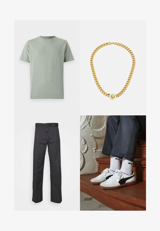 GAP EVERYDAY SOFT CREW SOLID - T-paita - gasoline green; Mustat pantsit kestävästä kankaasta, suoran lahkeen muotoilu, vyötärönauha, jossa on vyölenkit, ja saumat lisätekstuuria varten.; Puma-tenniset valkoisesta ja mustasta mokasta, joissa on ruskea kumipohja. Yhdistetty valkoisten sukkien kanssa, joissa on musta logo, tummien housujen kanssa.; Kultaketju, jossa on suuret toisiinsa kytkeytyvät lenkit, keskellä on pyöreä pendantin yksityiskohta, jossa on kohotettu emblem.