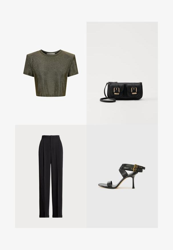 Gekürztes T-Shirt aus metallisch dunkelgrünem Stoff mit glatter Textur, rundem Halsausschnitt und kurzen Ärmeln. Hat einen subtilen Schimmer.; Schwarze, taillierte Hose mit hoher Taille, mit Falten vorne, geradem Bein-Design und umgeschlagenem Saum. Aus glattem Stoff gefertigt.; Schwarze Absatzsandale mit gekreuzten Riemen und verstellbarem Schnallenverschluss. Sie verfügt über eine glatte Textur und einen schmalen Stiletto-Absatz.; Schwarze Leder-Umhängetasche mit zwei vorderen Taschen, goldenen Schnallen, Reißverschluss und einem schmalen Tragegurt. Texturierte Oberfläche und kompakte rechteckige Form.