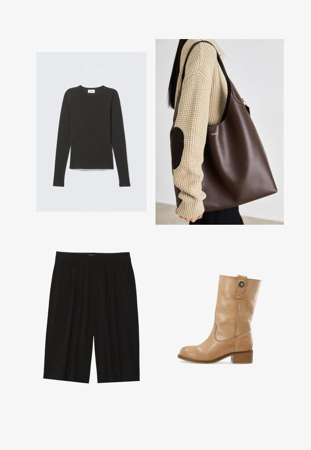 Schwarzes Langarmshirt mit Rundhalsausschnitt und einem kleinen weißen Etikett mit der Aufschrift "WEEKDAY" im Kragen, auf einem hellen Hintergrund präsentiert.; Braunes Hemd mit Knöpfen, klassischem Kragen, langen Ärmeln und geradem Schnitt. Weicher Stoff und minimalistisches Design ohne Muster.; Schwarze, plissierte Shorts aus einem glatten Stoff, mit seitlichen Taschen und geradem Schnitt, in mittellanger Länge bis zur Oberschenkelmitte.; Braune Leder-Ankle-Boots mit runder Zehenpartie, niedrigem Stacked-Heel, seitlicher Naht und Druckknopfdetail am Schaft. Glatte Textur.; Braune Leder-Umhängetasche mit geräumigem Design. Verfügt über eine glatte Textur und ein dezentes Goldenes Logo. Kombiniert mit einem cremefarbenen Strickpullover.