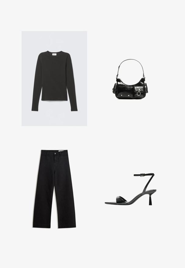 Cămașă neagră cu mâneci lungi și guler rotund, cu un mic etiketă albă care spune "WEEKDAY" în interiorul gulerului, expusă pe un fundal deschis.; Pantaloni din denim negri cu picioare largi, cu talie înaltă, având buzunare frontale și posterioare, cusături dublate și închidere cu nasture. Textură netedă.; Bershka Sandale cu toc - black; Geantă de mână din piele lăcuită neagră, cu o formă curbată, un umăr, buzunare frontale și accente din metal argintiu.